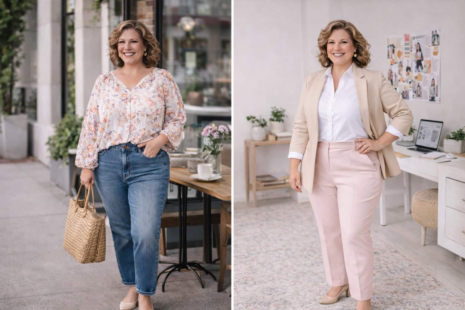 Side-by-side image of a plus-size woman wearing two outfits: a floral blouse with jeans and a beige blazer with pink trousers, now updated with a sleeker beige coat.
