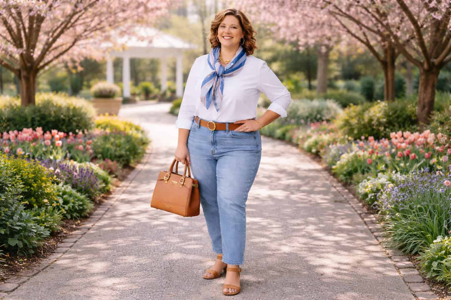 A stylish plus-size woman wearing a white shirt, blue jeans, tan block-heel sandals, gold hoop earrings, and holding a tan handbag, standing in a modern outdoor setting.