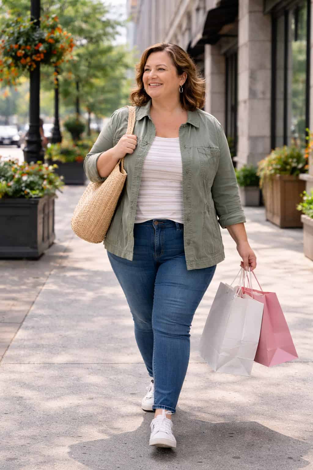A plus-size woman in casual spring clothing walking outdoors with a tote bag.