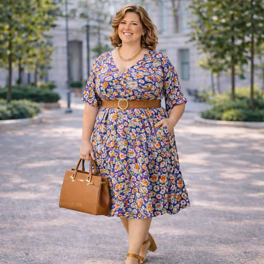 A plus-size Caucasian woman with shoulder-length curly hair walks confidently outdoors in a colorful floral dress, tan block heel sandals, a brown belt, and a structured tan handbag, smiling warmly in a springtime setting.