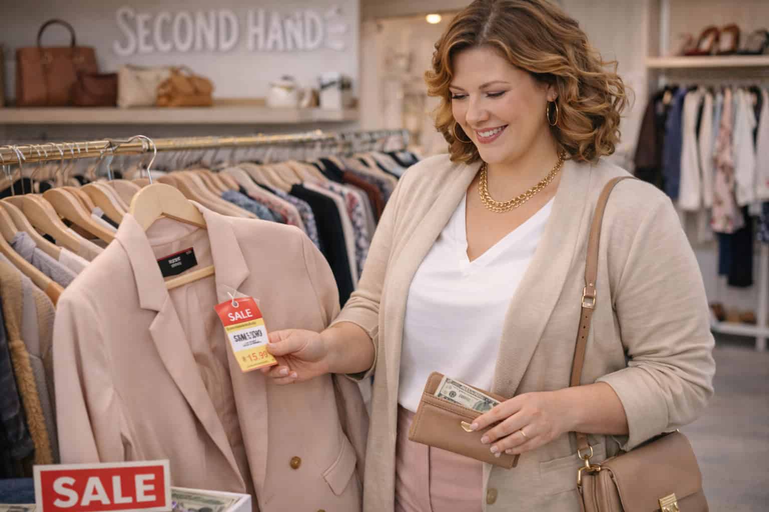 A confident plus-size woman smiles while walking outdoors in a stylish spring outfit, symbolizing a joyful, budget-friendly approach to capsule wardrobe building.