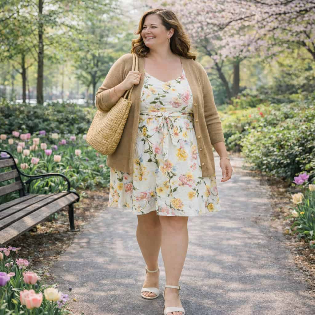 A plus-size woman walks confidently through a garden path wearing a floral sundress, tan cardigan, and cream sandals.