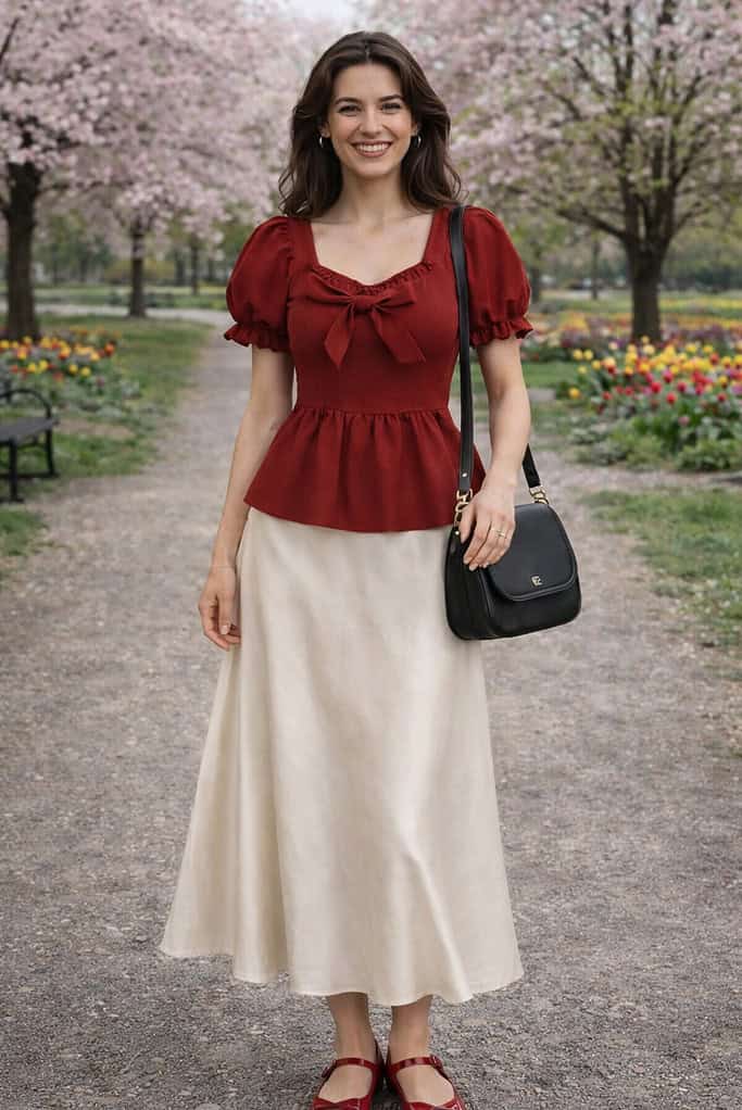 A woman smiling in a park surrounded by blooming spring flowers and cherry blossoms, wearing a red puff-sleeve blouse, a cream satin midi skirt, red flats, and carrying a black shoulder bag.