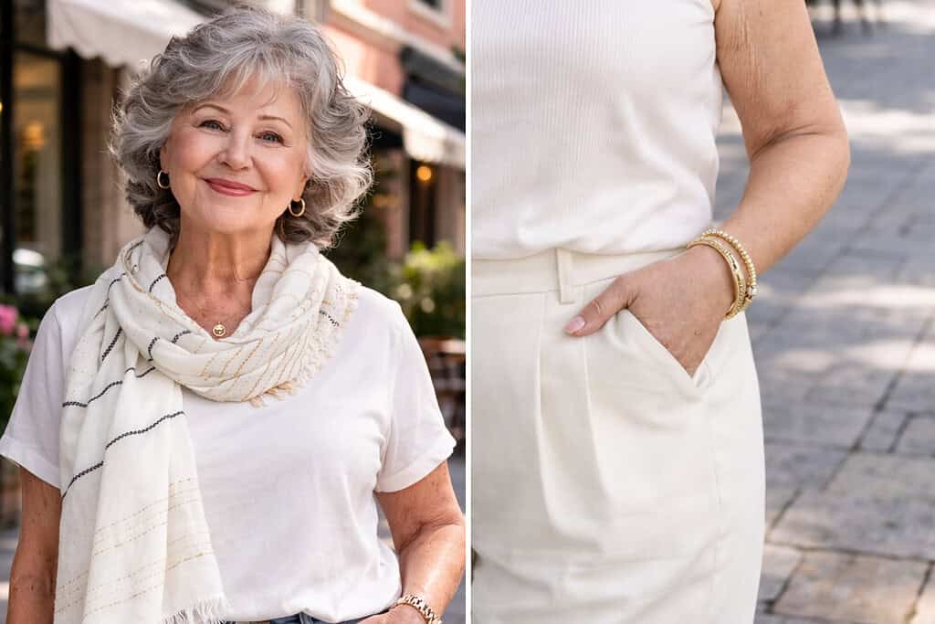 Elegant 70-year-old woman wearing a neutral white outfit with soft scarf and tailored pants, demonstrating a timeless capsule wardrobe for women over 70