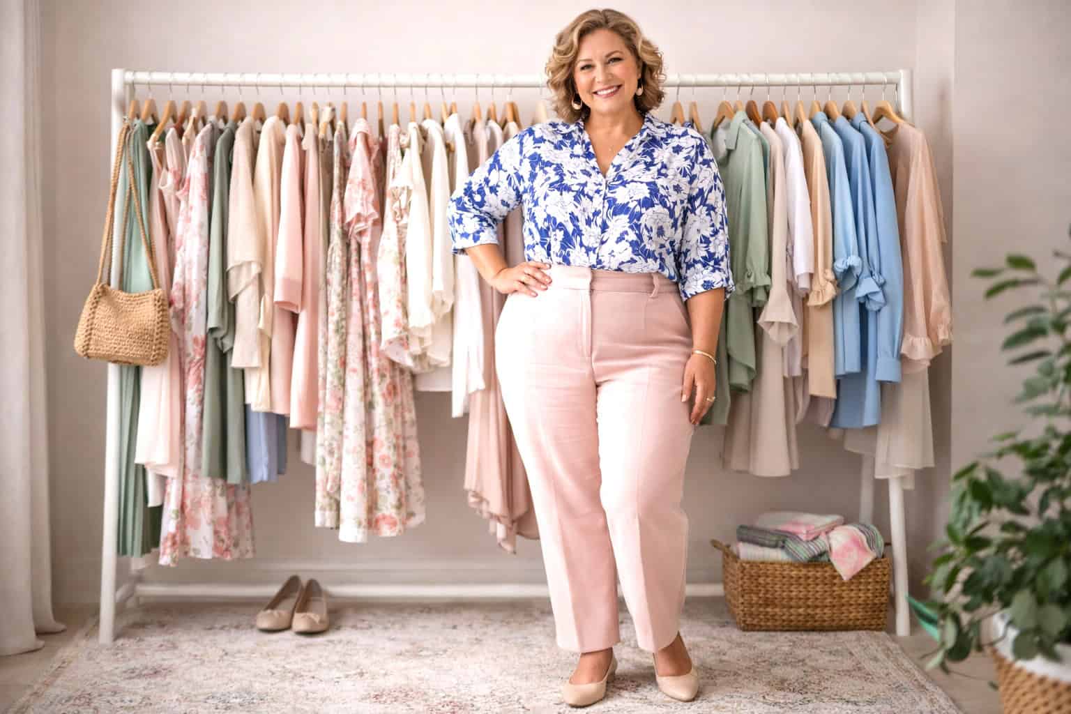 brightened_plus_size_capsule_wardrobe A confident plus-size woman wearing a blue floral blouse and pastel pink trousers smiles in front of a soft-toned, well-organized spring wardrobe, styled with nude flats and gold jewelry.