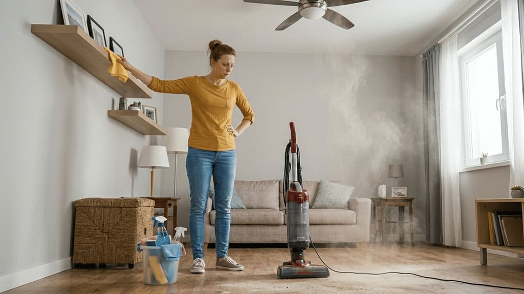 A lady wiping dust at the elevated part of the living room