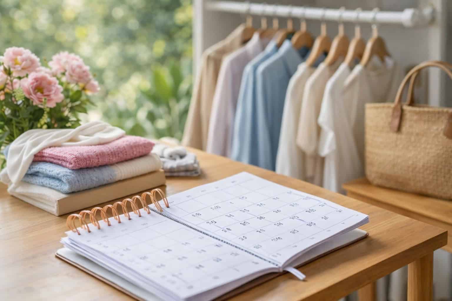Open planner on a wooden desk with folded clothes and hanging garments in the background.