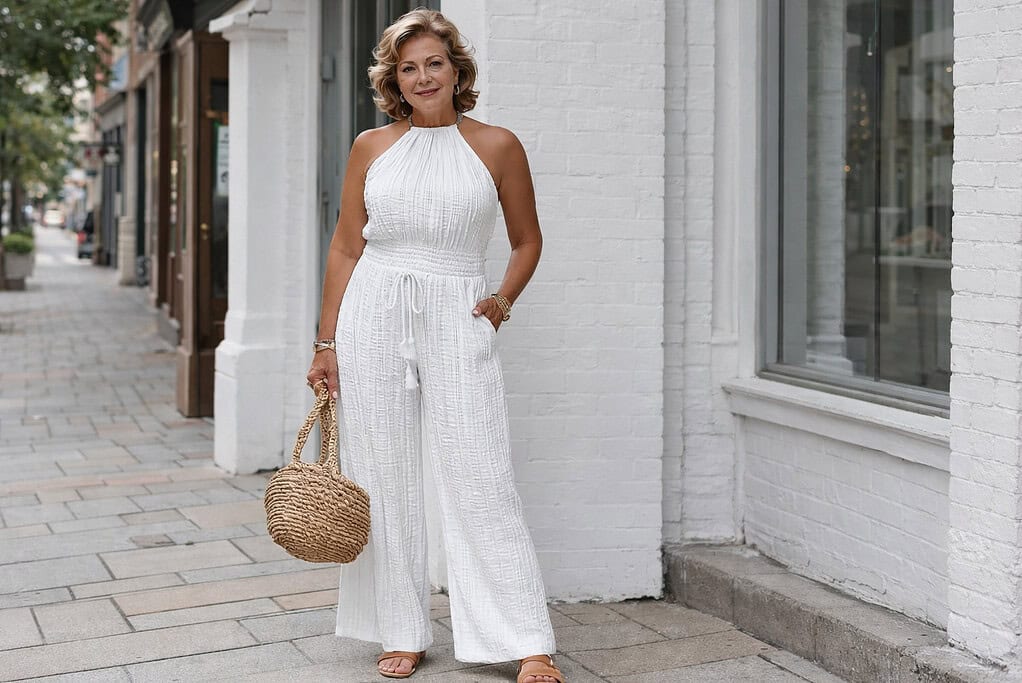 Mature woman in a white sleeveless jumpsuit holding a woven bag, standing confidently on a city sidewalk.