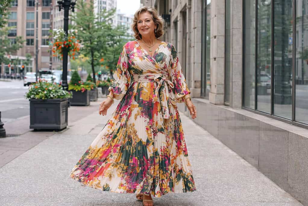 Mature woman in a colorful maxi dress walking confidently on a city sidewalk.