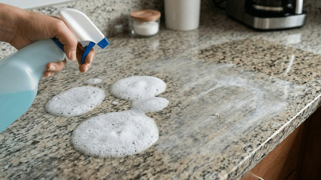 Spraying chemicals in a kitchen countertop