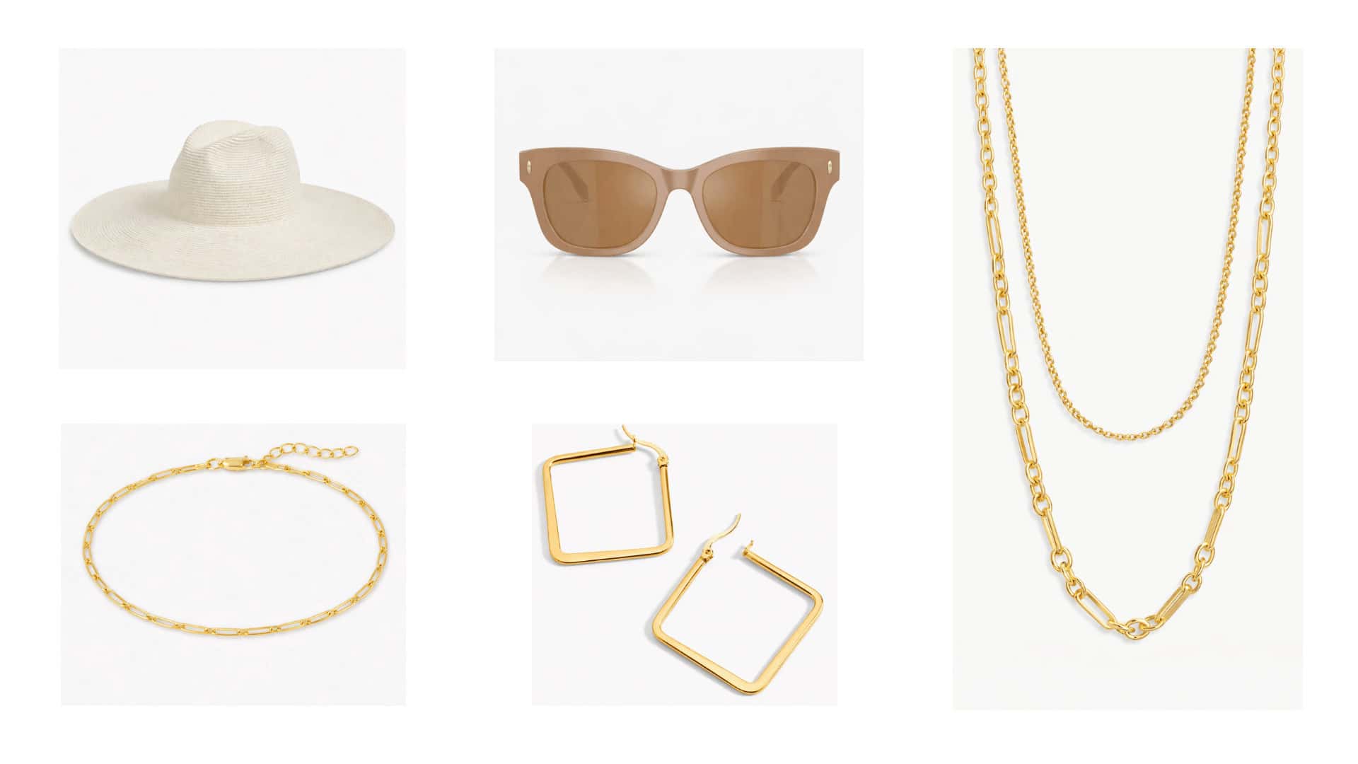 AN Overlay Template - 2026-01-22T170521.988 A flat lay of summer accessories including a wide-brimmed straw hat, brown sunglasses, layered gold necklaces, a gold bracelet, and geometric gold earrings.