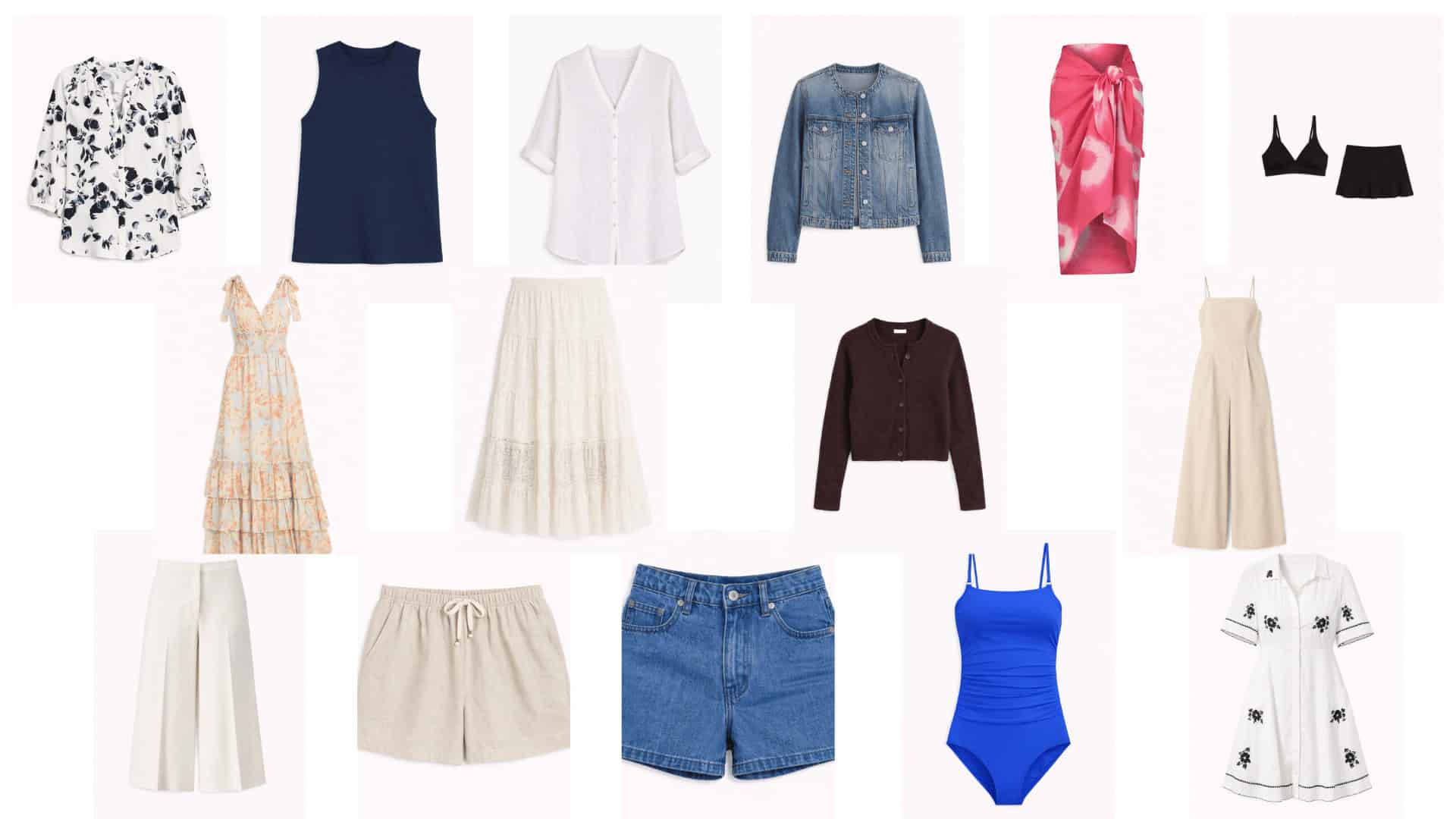 AN Overlay Template - 2026-01-23T114625.240 A flat lay of a complete summer vacation capsule wardrobe featuring dresses, tops, skirts, shorts, swimwear, outerwear, and versatile layering pieces in light, breathable fabrics and neutral tones.