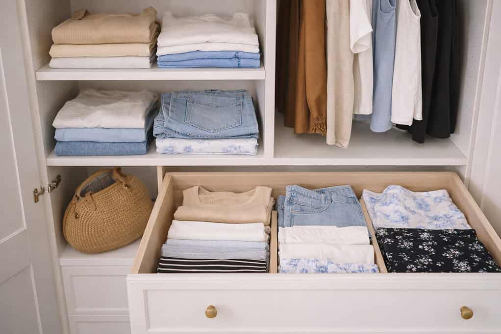 An organized wardrobe cabinet with neatly folded summer clothes arranged in drawers and on shelves.