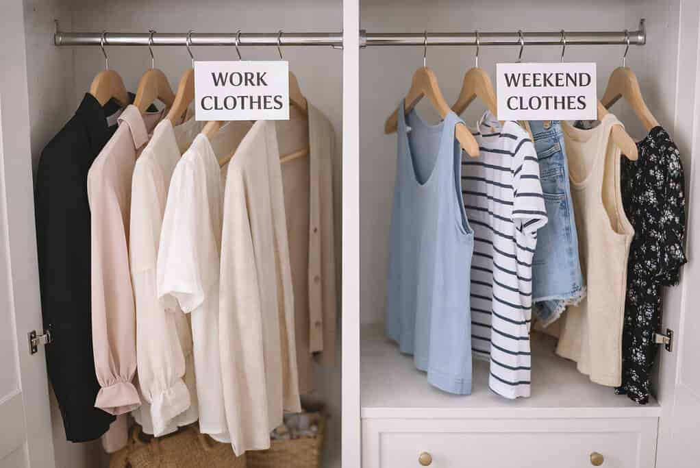 An organized wardrobe drawer neatly arranged with folded summer clothing, including tops, shorts, and light layers.