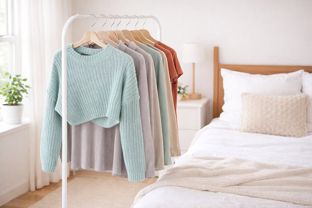 Bright bedroom scene with a pastel color palette; a clothing rack with neatly hung tops stands beside the left side of a bed.