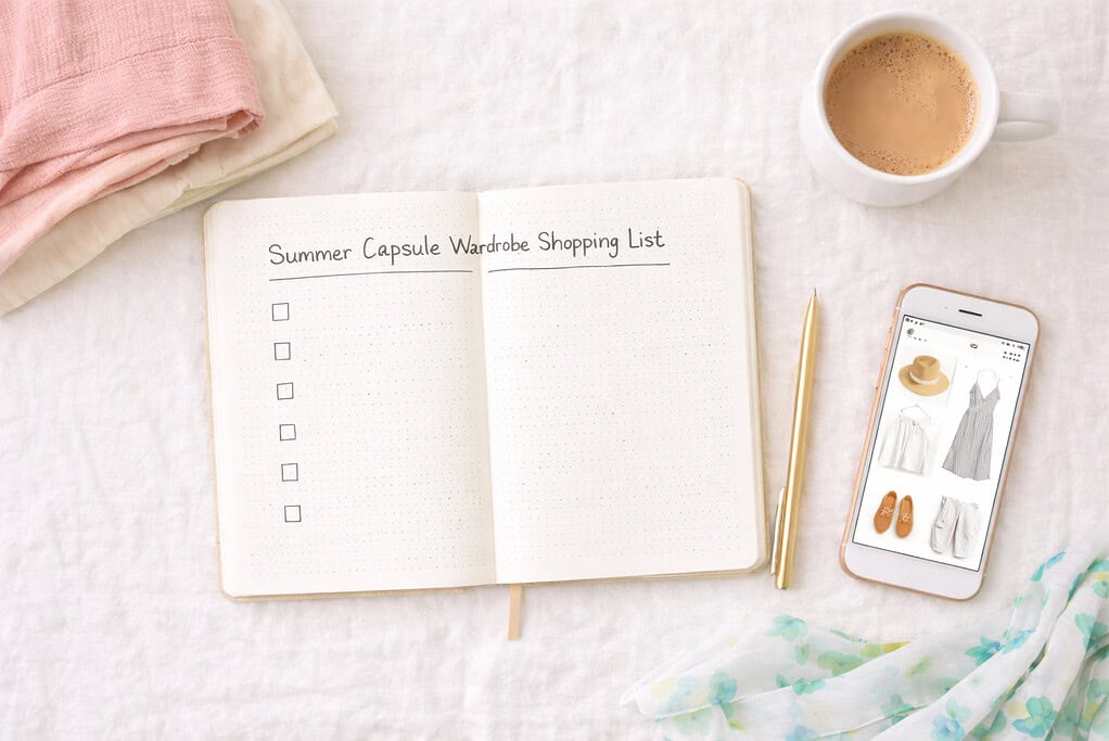 Flat lay photo of a shopping list notebook with summer clothing items and a pen on a white background.