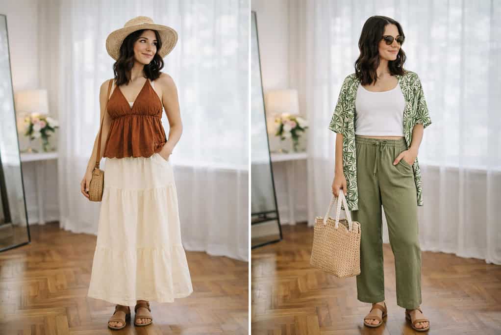 Two women wearing light summer outfits, styled with mix-and-match pieces including a white crop top, denim skirt, floral blouse, and white embroidered shorts, standing in a bright room with wooden floors.