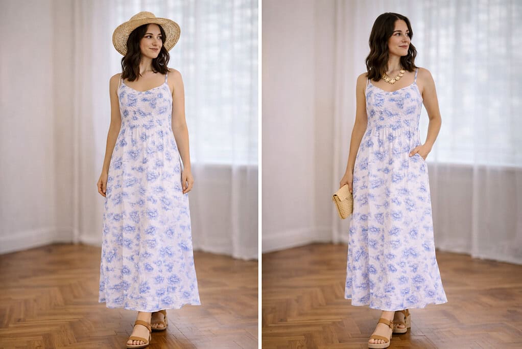 Side-by-side images of a woman wearing a floral sundress styled for day with a straw hat and sandals, and for night with a statement necklace and wedges.