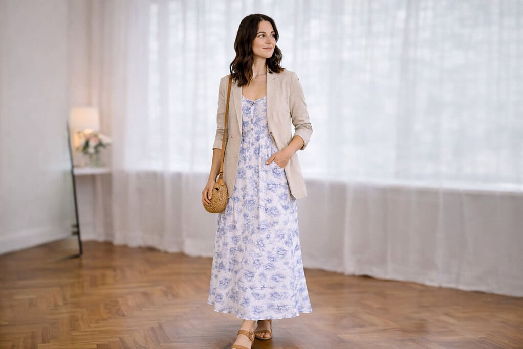 a woman wearing a dress layering a coat with bag