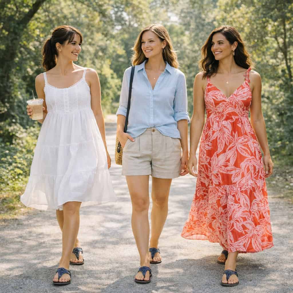 : Three stylish women walking outdoors in summer, each wearing breathable clothing—linen shorts with a light blue shirt, a white eyelet sundress, and a red floral maxi dress.