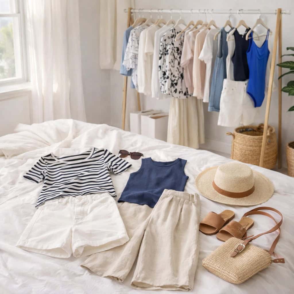 A neatly arranged summer capsule wardrobe is laid out on a bed with various mix-and-match clothing pieces in a bright, airy bedroom.