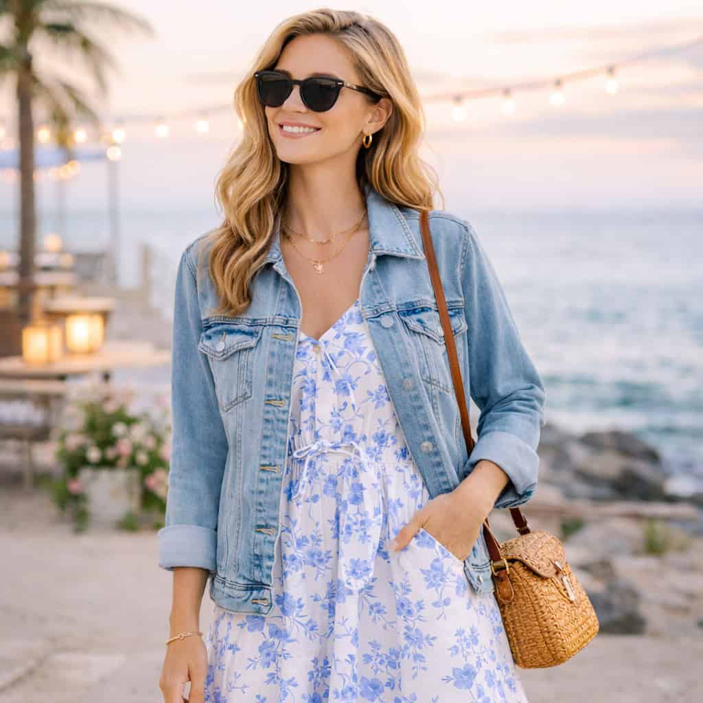 A young blonde woman with wavy hair wearing a floral sundress layered with a denim jacket, standing outdoors in a soft, natural summer setting.