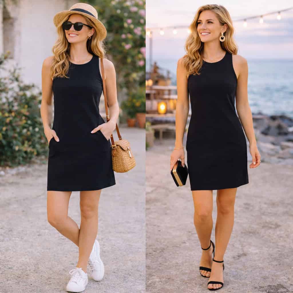 A blonde woman with wavy hair wearing a little black dress styled two ways: casual with sneakers and a straw hat for daytime, and dressy with strappy sandals and statement earrings for evening.
