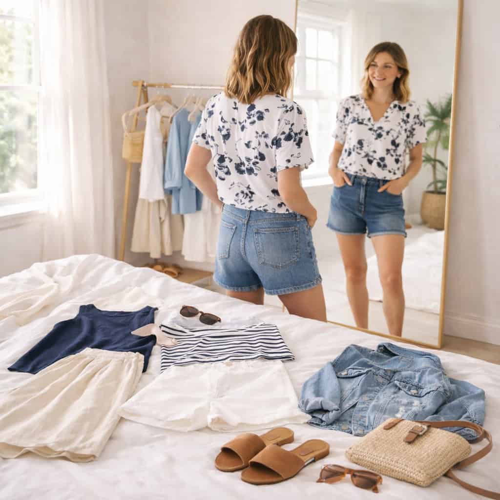 A young woman stands in a sunlit room wearing a casual-chic summer outfit, featuring a blouse and denim shorts, with a relaxed and stylish vibe.