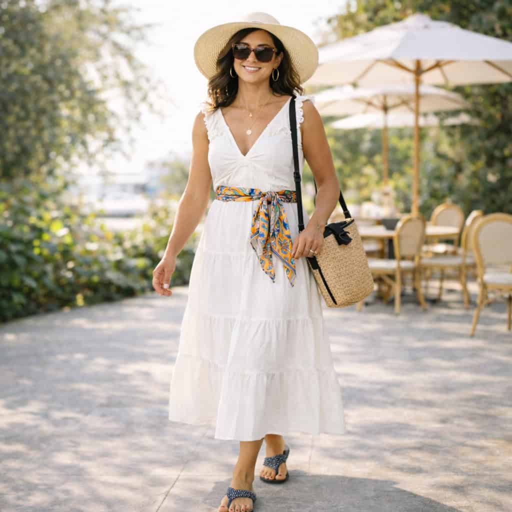 A woman in a white summer dress stands confidently outdoors, wearing a wide-brimmed hat, oversized sunglasses, layered gold necklace, and a colorful scarf as a belt. She carries a woven straw bag and wears navy embellished sandals.