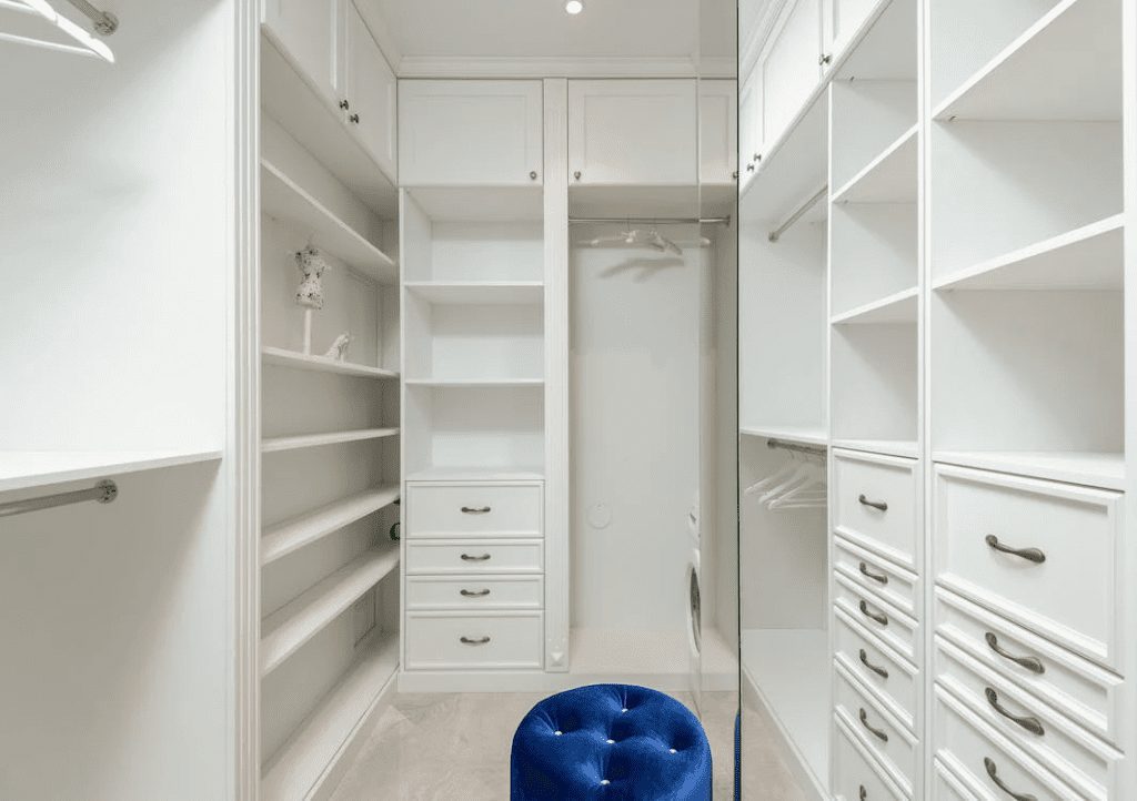 White classic styled built-in wardrobe with empty shelves