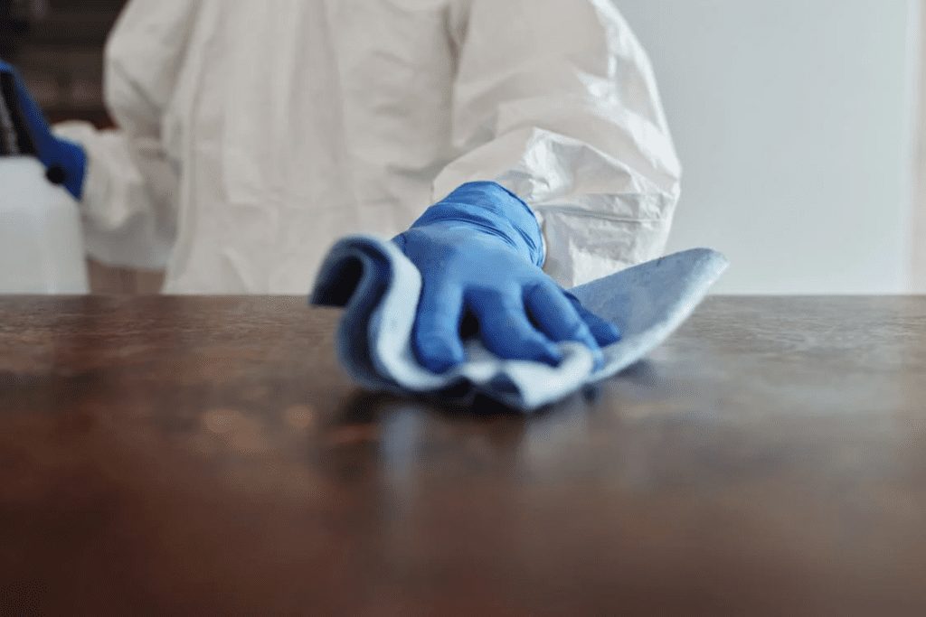 A person cleaning the table