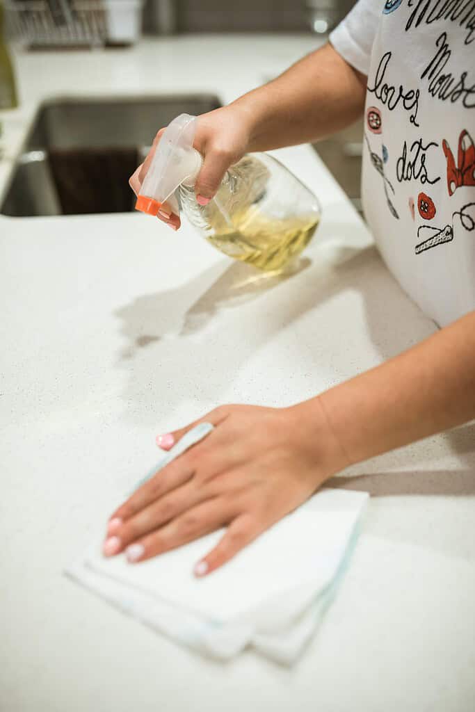 a woman cleaning the kitchen counter top
