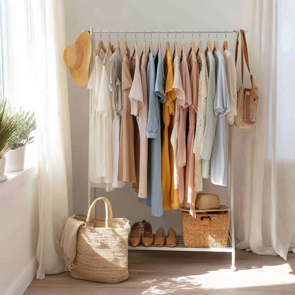 A bright room with a neatly organized summer wardrobe featuring light dresses, neutral-toned tops, and woven accessories.