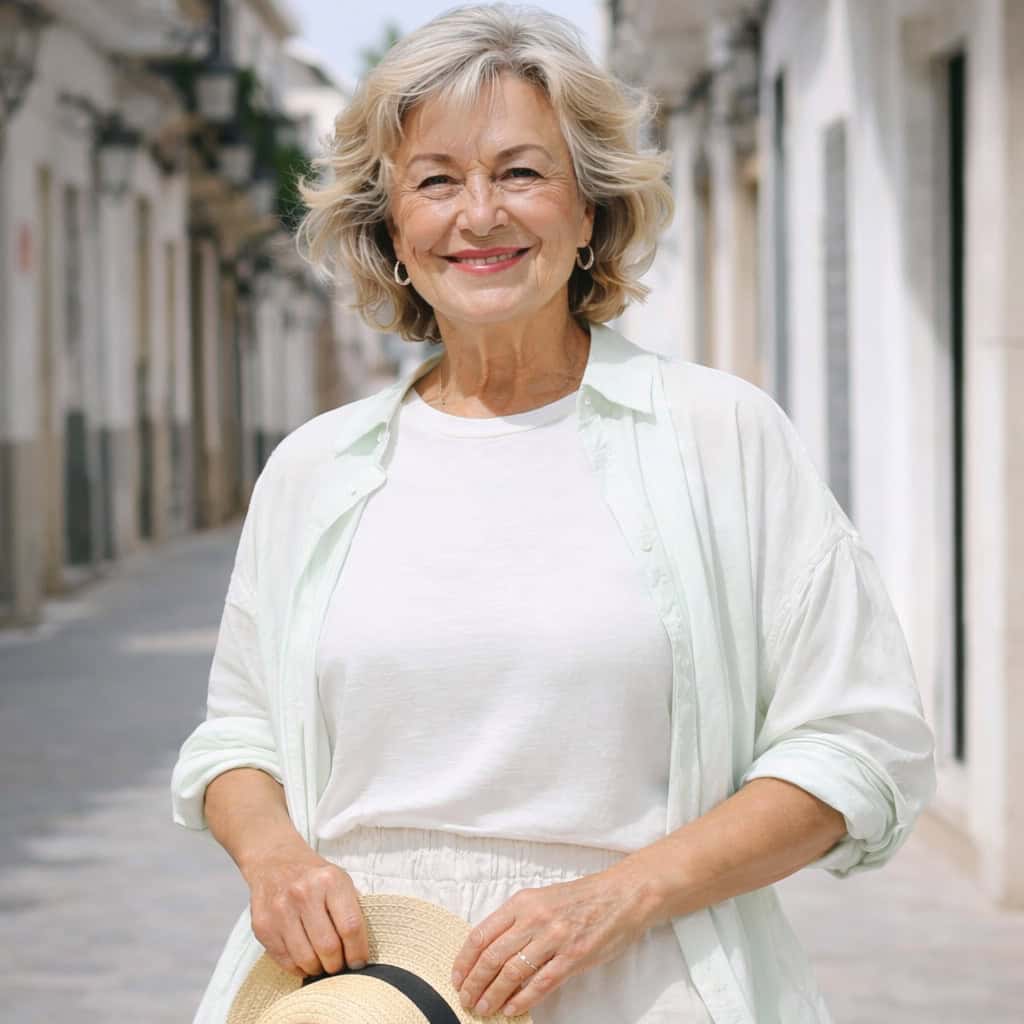 A smiling mature woman in a white outfit holds a straw hat while standing on a sunlit street, with her full head and soft curls clearly visible.