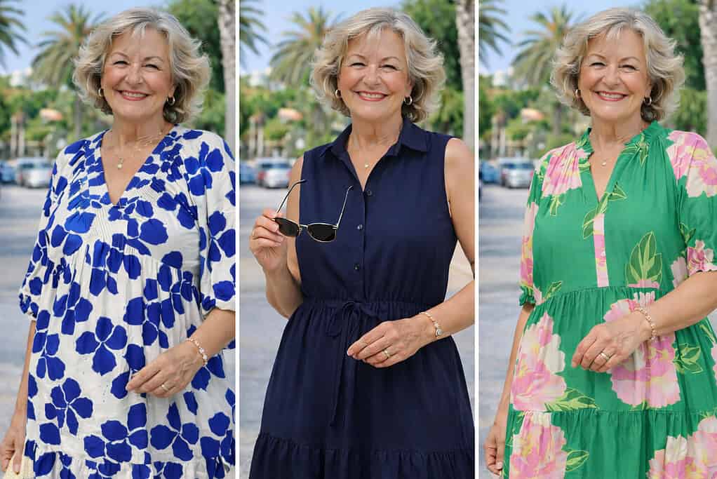 A triptych of a smiling mature woman in three different floral and solid-color dresses, standing on a palm-lined street, with the center image showing her holding sunglasses.
