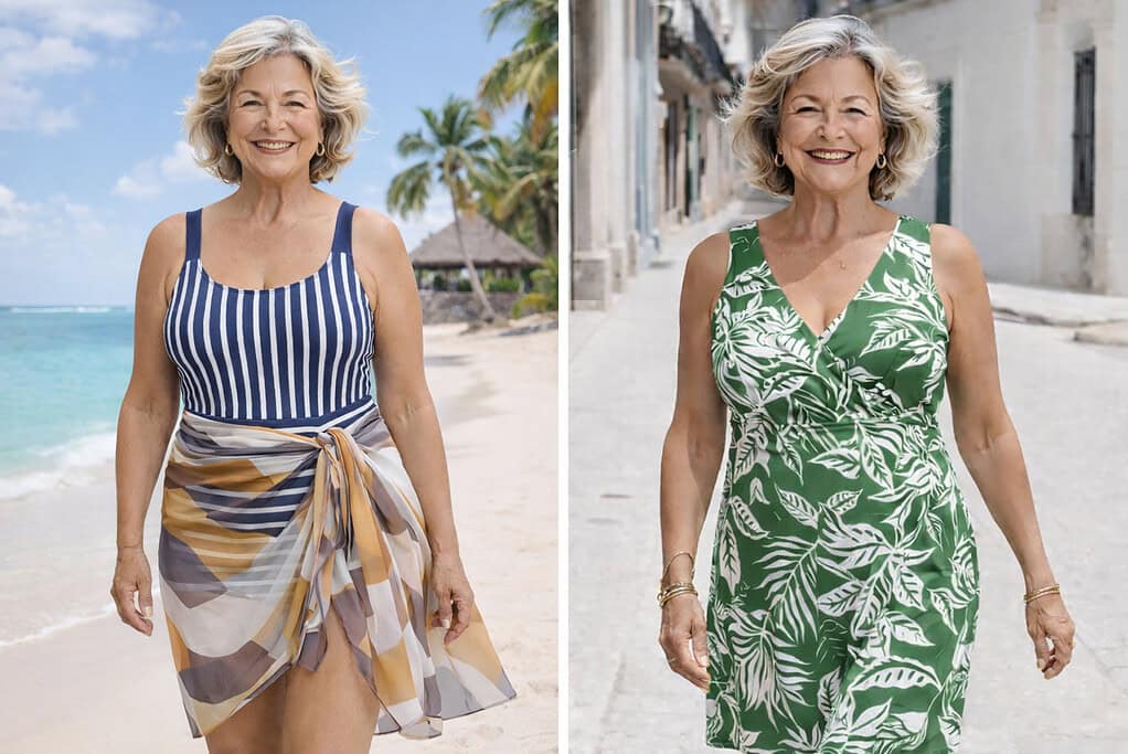 Two mature women pose confidently in summer outfits; one wears a green floral swimsuit dress, and the other wears a striped one-piece swimsuit with a colorful sarong, standing against a clean, bright coastal background.