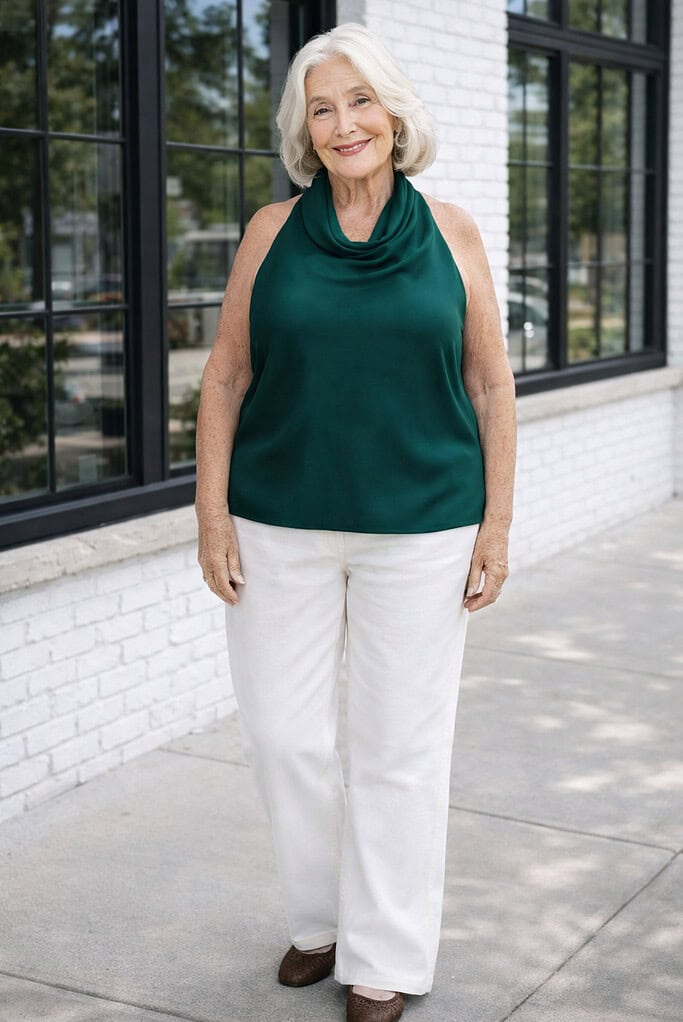 Elegant 80 year old woman in emerald green sleeveless blouse and white pants showcasing timeless style for jeans 80 year old women inspiration