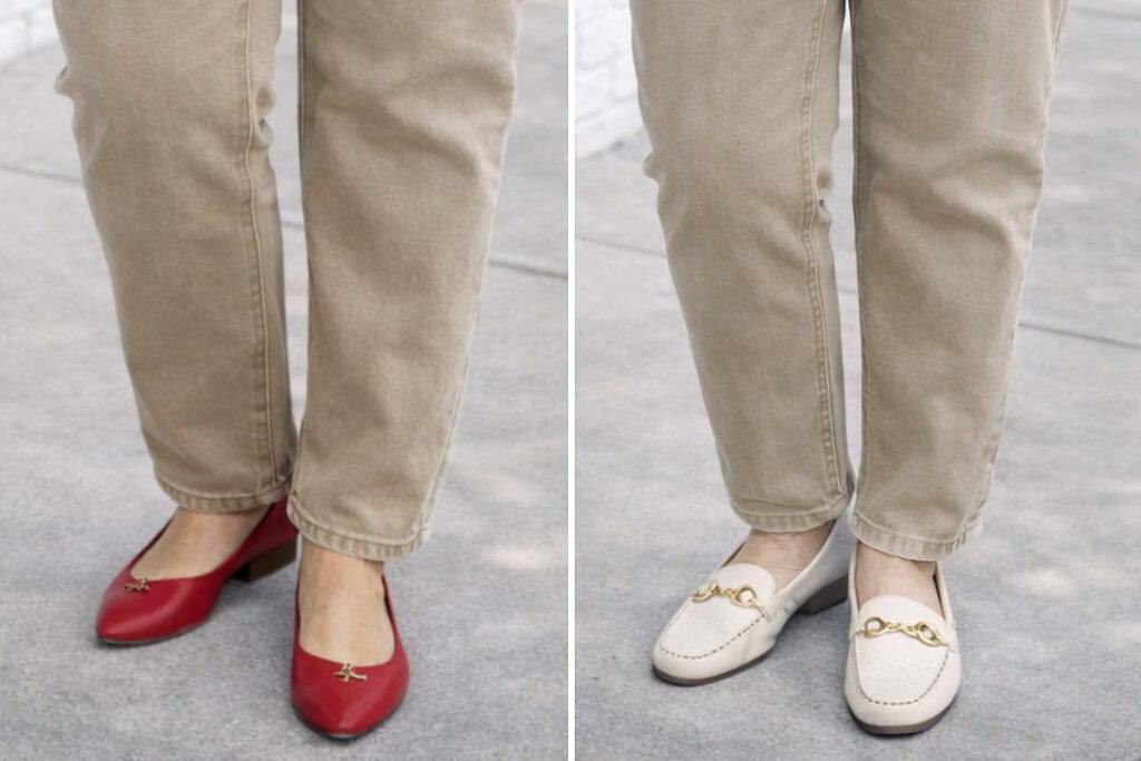 Close-up of loafers paired with khaki jeans 80 year old women styled for comfort and elegance