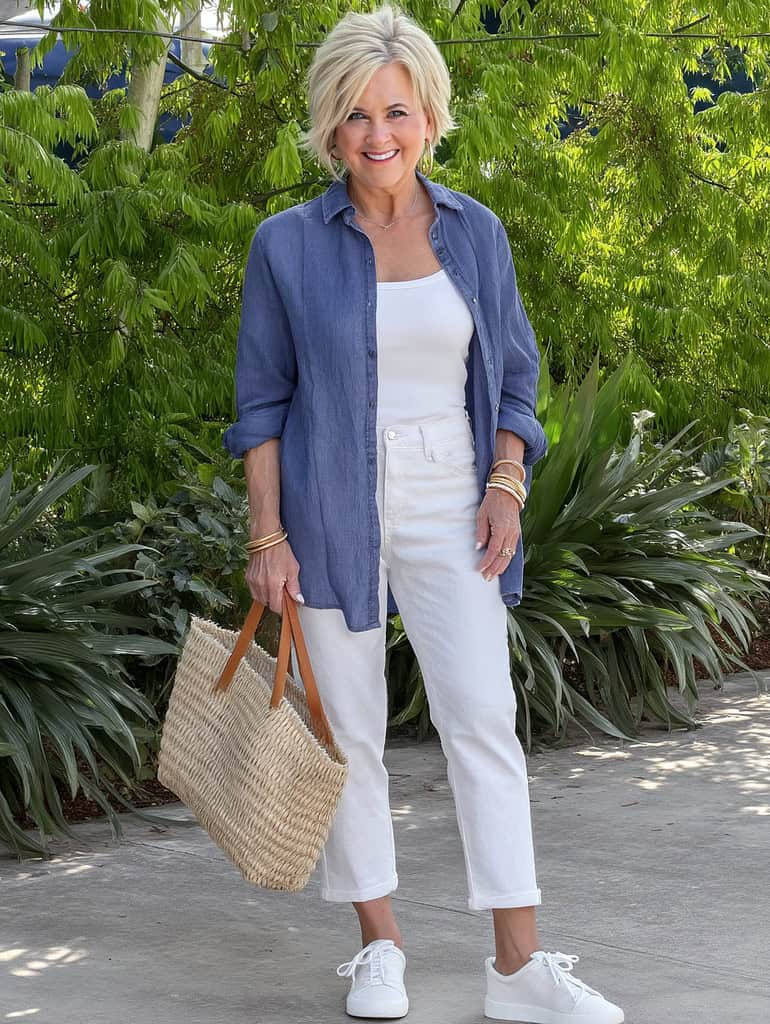 A confident, smiling 60-year-old woman with a natural menopausal body type standing outdoors in a bright, sunny garden setting
