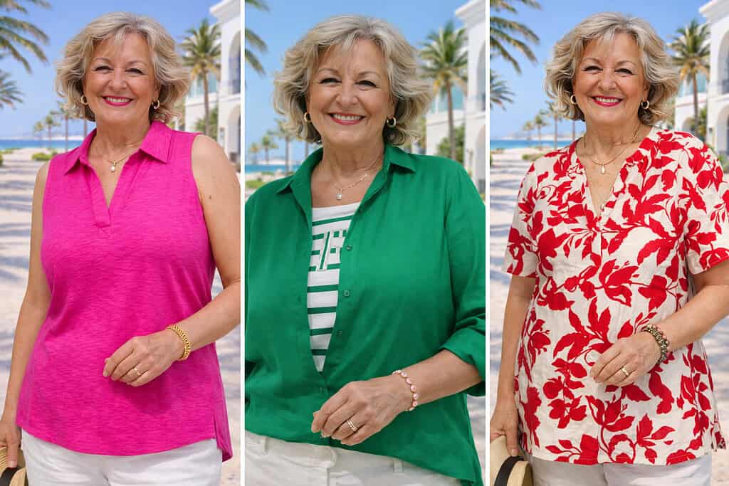 A mature woman poses in three stylish spring outfits—pink sleeveless top, green shirt over stripes, and red floral blouse—on a sunny, palm-lined beachside walkway.