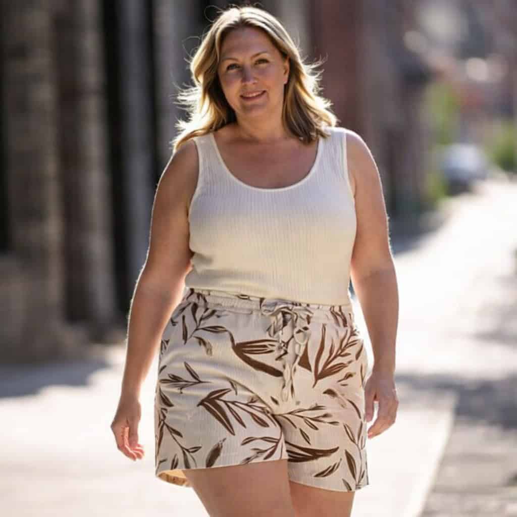 A woman in a sleeveless white top and printed shorts walking outdoors on a sunny day.