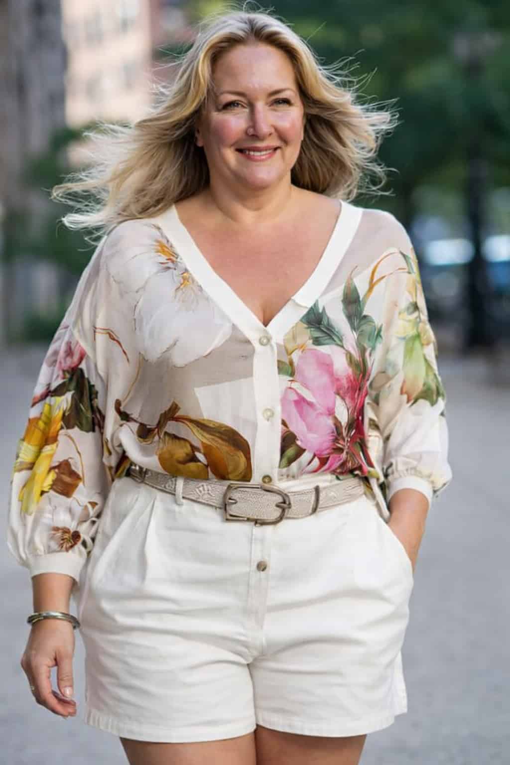 A smiling woman with blonde hair walks confidently outdoors, wearing a floral blouse and white shorts.