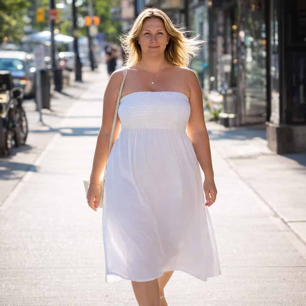 A blonde woman in a white strapless dress walks down a city sidewalk, bathed in sunlight.
