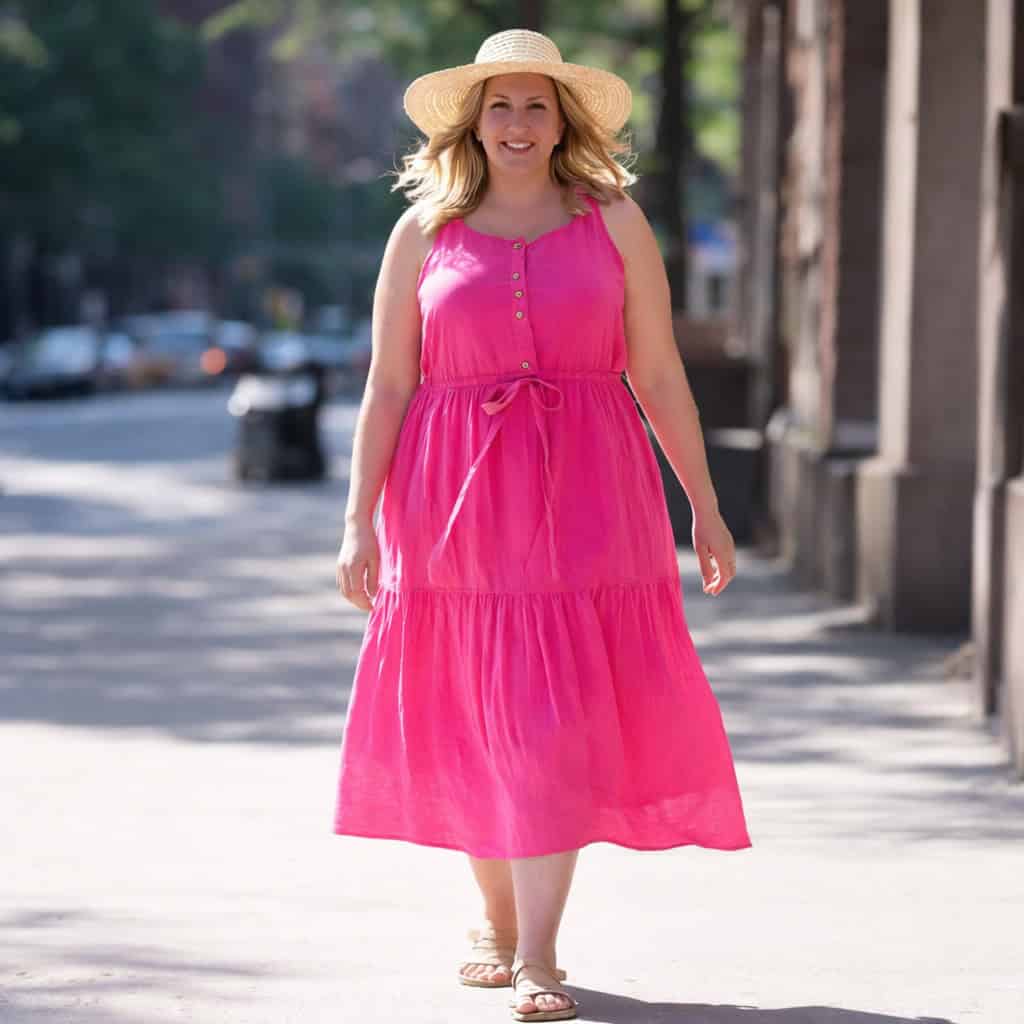 A blonde woman in a bright pink midi dress and straw hat walks confidently down a sunlit city sidewalk, smiling warmly.