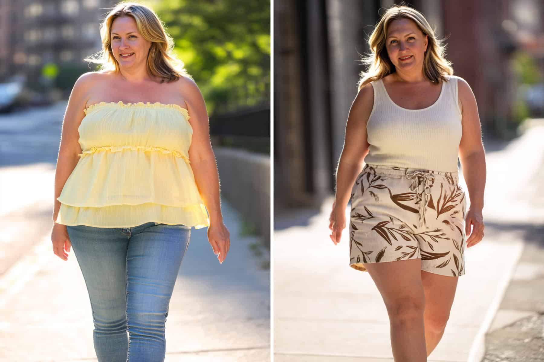 Two women in casual summer outfits confidently walking outdoors, one in a yellow ruffled top with jeans and the other in a white tank top with printed shorts.