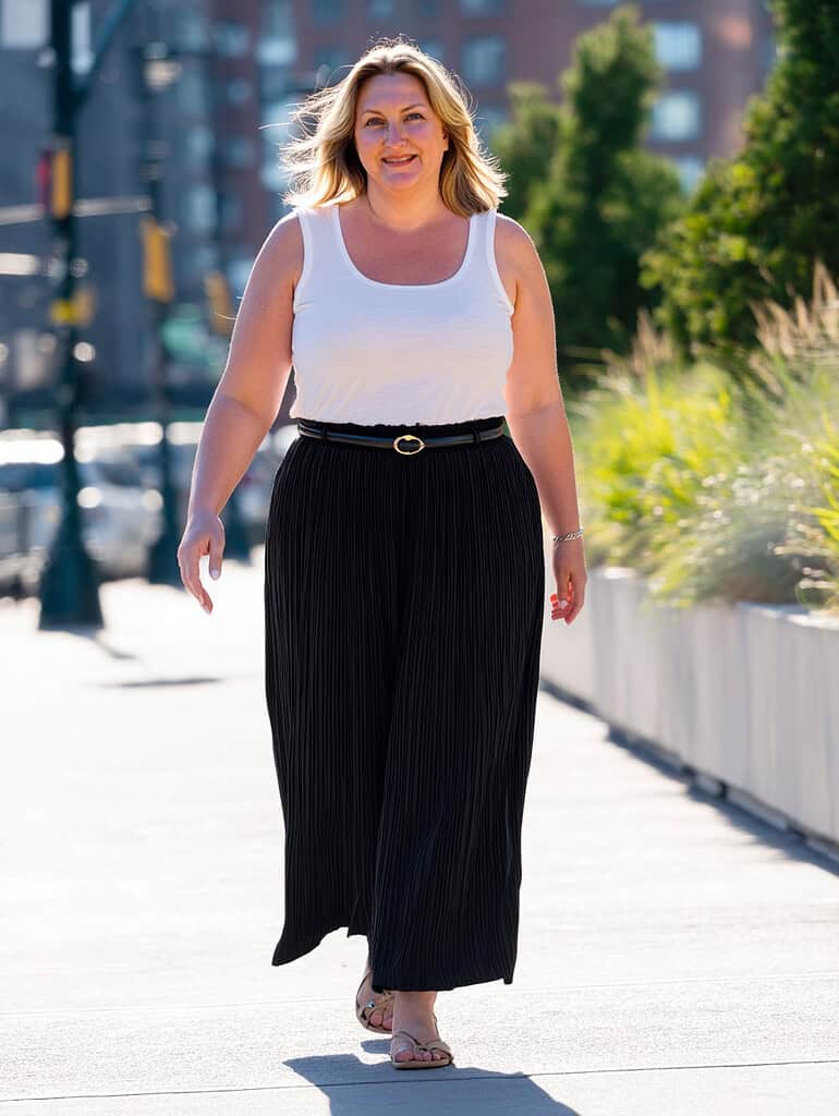 A woman walks confidently outdoors in sunlight, wearing a white tank top, black pleated wide-leg pants with a belt, and sandals.