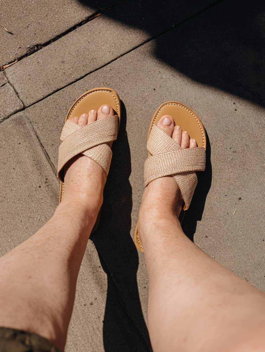 Close-up of a woman's feet wearing beige crisscross sandals on a sunlit pavement.