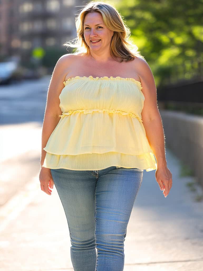 A woman wearing a yellow ruffled strapless top and blue jeans walks confidently down a sunlit sidewalk.
