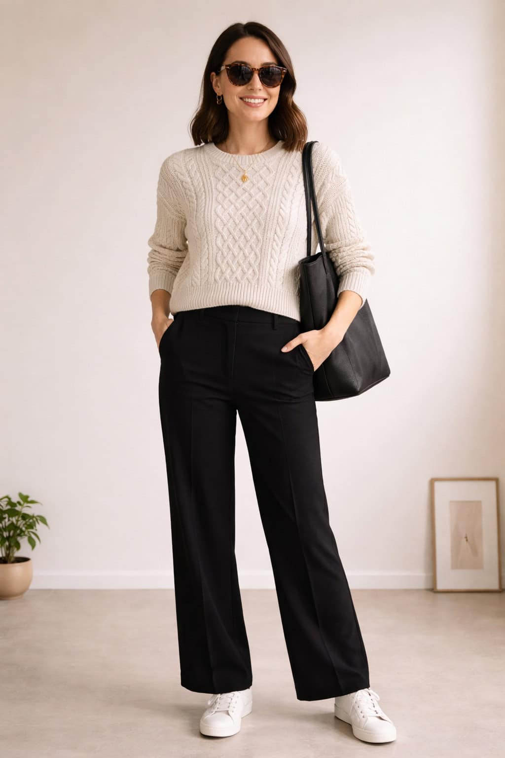 Woman wearing neutral cable-knit sweater and black wide-leg trousers, styled with white sneakers and gold jewelry.