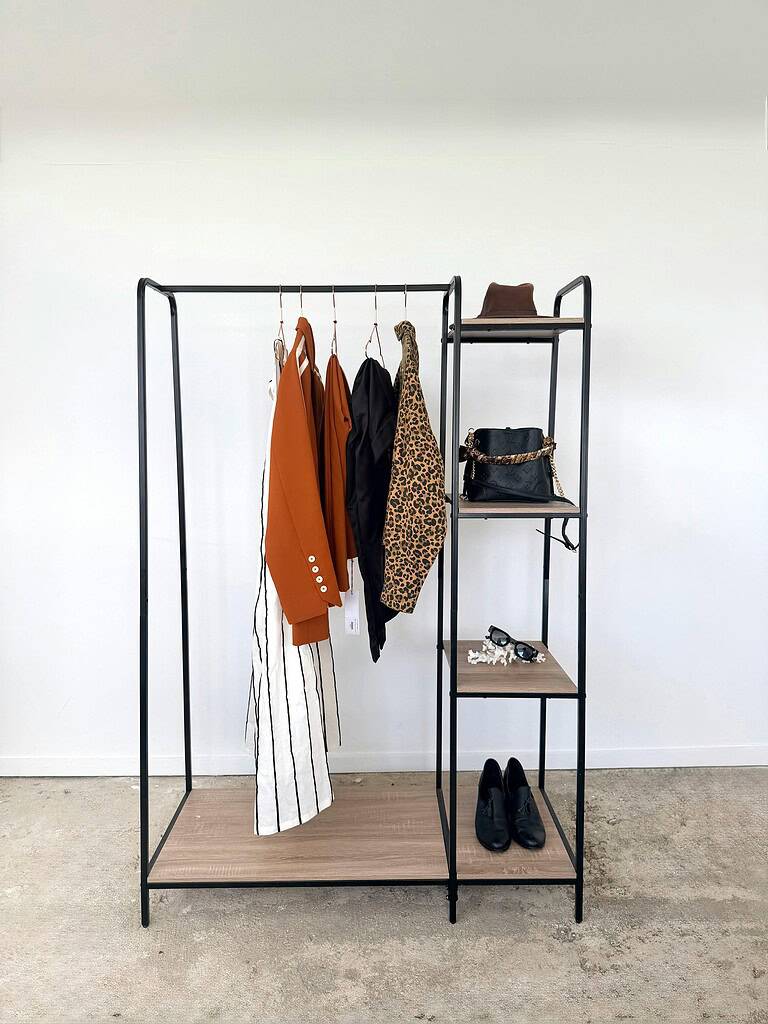 Minimalist black metal clothing rack with wooden shelves, displaying hanging garments including a rust blazer, striped pants, black top, and leopard print piece, alongside a black handbag, sunglasses, and black shoes arranged neatly on lower shelves